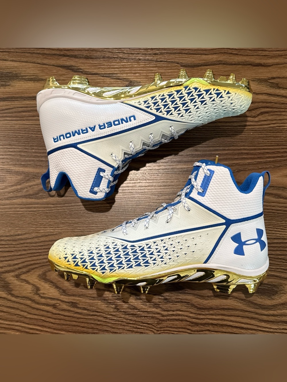 Size 14 Under Armour Spine Hammer MC Football Cleats White/Blue/Gold NEW